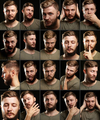 Emotion concept. Handsome man with beard collage