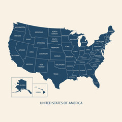 Fototapeta na wymiar USA MAP WITH NAME OF THE COUNTRIES