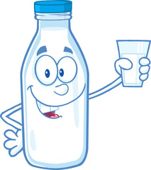 Smiling Milk Bottle Cartoon Character Holding A Glass With Milk.