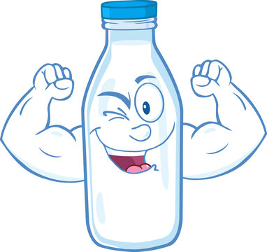 Winking Milk Bottle Character Showing Muscle Arms