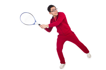 Fototapeta na wymiar Funny tennis player isolated on white