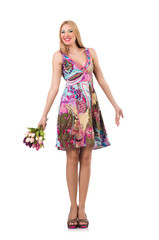 Woman with tulip flowers isolated on white