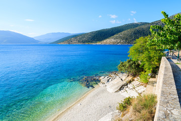 Pebble stones beach on coast of Kefalonia island in Agia Efimia