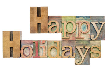 Happy Holidays in wood type