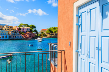 Blue door of a Greek house in Assos bay, Kefalonia island