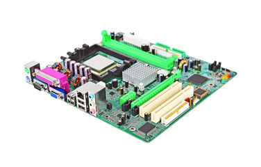 Printed computer motherboard, isolated on white background