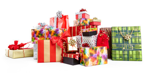 A pile of Christmas gifts in colorful wrapping with ribbons.