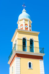 Church tower against blue sky on Kefalonia island, Greece