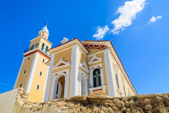 Church building against blue sky on Kefalonia island, Greece