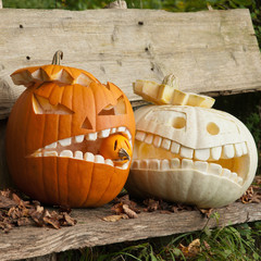 Halloween Kürbismonster auf Holzbank