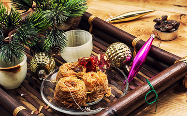 postcard with Christmas accessories in vintage style