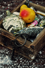 postcard with Christmas accessories in vintage style