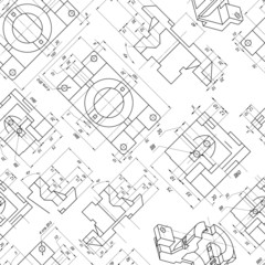 Seamless background of engineering drawings of parts. Contour