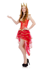 Queen in red dress isolated on white