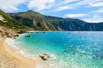 Sandy beach and turquoise sea in Petani bay, Kefalonia island