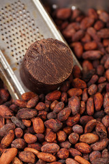 100% solid chocolate block on retro grater  on wood background