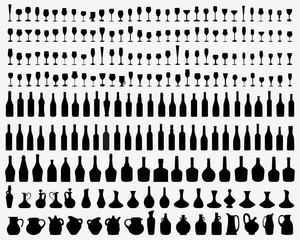 Black silhouettes of glasses and bottles of wine, vector - obrazy, fototapety, plakaty