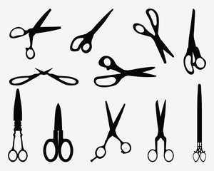 Black silhouettes of different scissors, vector illustration