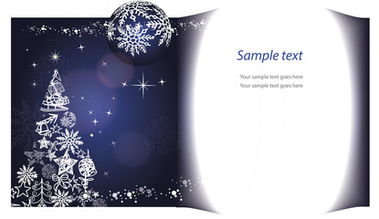 Blue christmas card with christmas tree and snowflakes