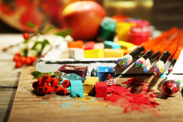 Beautiful still life with professional art materials, close up