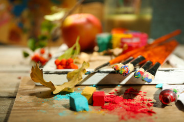 Beautiful still life with professional art materials, close up