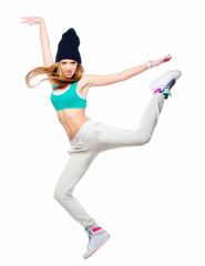 Hip hop dancer jumping high in the air isolated on white backgro