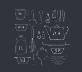 Food baking and equipment sketch icon set
