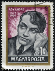 stamp printed by Hungary, shows Endre Ady