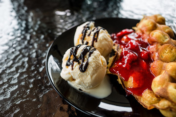 waffles with ice cream, chocolate sauce