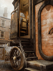 Wejście do starego pojazdu na tle budynków miejskich © Obsidian Fantasy