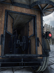 Tył pojazdu retro na tle miasta © Obsidian Fantasy