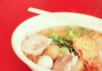 Thai Noodle on red table-instagram filter