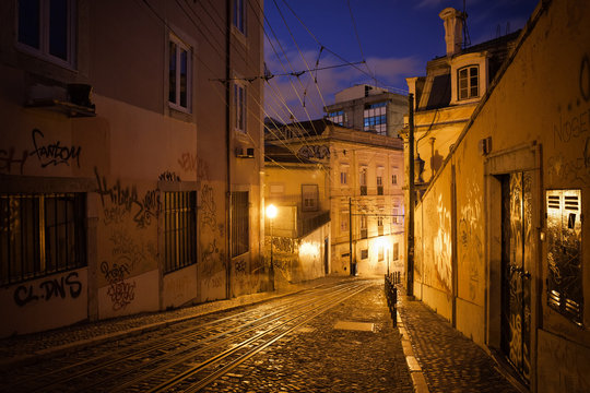 Calcada da Gloria Street at Night in Lisbon