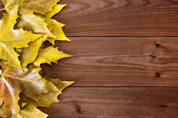 Naklejka na ściany i meble dry autumn leaves over natural wood background