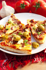 slice of pizza with olives and tomatoes