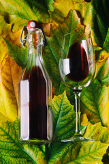 Homemade Red Wine on Autumn leafs