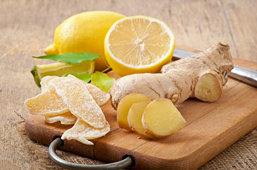 Fresh ginger root, candied ginger and lemon