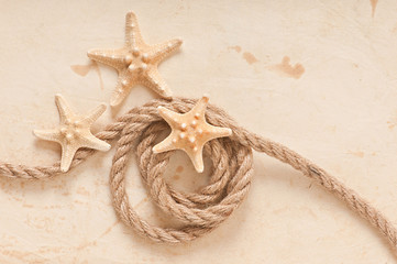 Fototapeta na wymiar starfish and rope on old paper background