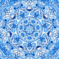 Watercolor gzhel. Doily round lace pattern, circle background wi