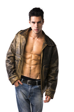 Handsome Young Man Wearing Leather Jacket On Naked Torso