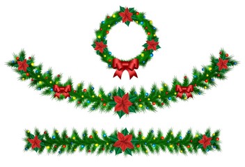Christmas vector garland from needles, lights, ribbons - 72498260