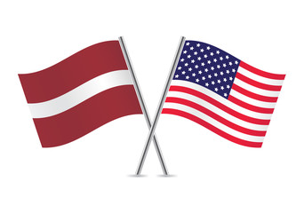 American and Latvian flags. Vector illustration.