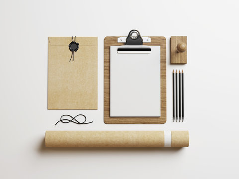 Stationery elements on white paper background
