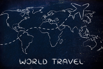 travel industry: world map with airplane routes