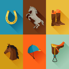 Icon set with horse equipment in flat style.