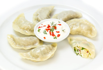 Nepalese food momo on a white background in the restaurant