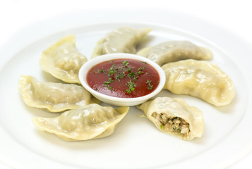 Nepalese food momo on a white background in the restaurant