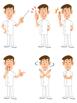 白衣の看護師男性6種類のポーズと表情