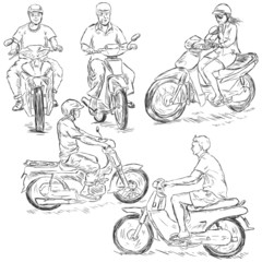 Fototapeta na wymiar Vector Set of Sketch Riders on Motorbikes