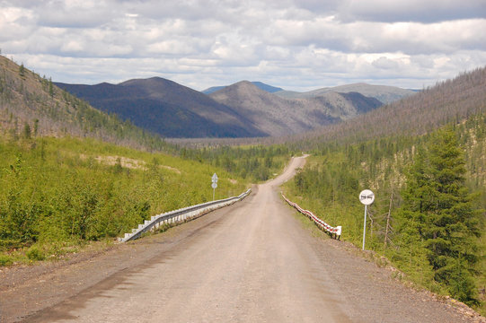 Gravel road Kolyma to Magadan highway at Yakutia